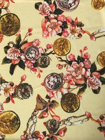 Изкуствена коприна  жълт  монети и цветя